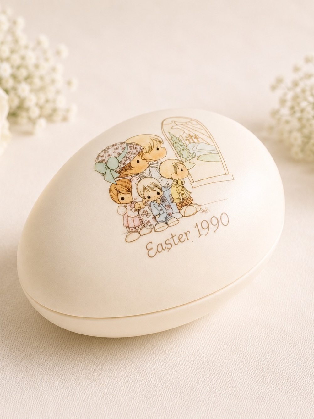 1990 Precious Moments Bisque Porcelain Egg Trinket Jewelry Box Rare Find New